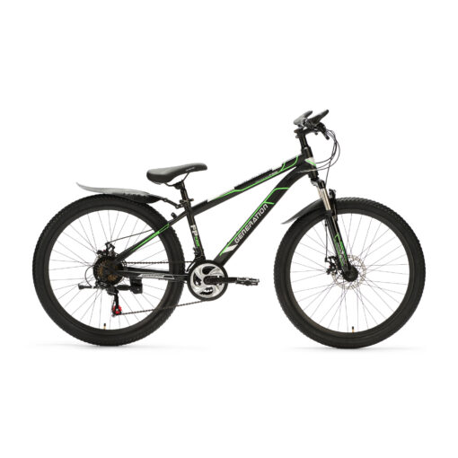 De Generation P-600 Mountainbike 26 Inch – Groen met spatborden biedt stoerheid en veiligheid voor kinderen (10-14 jaar). Met een robuust design, geveerde voorvork, 21 versnellingen en aandacht voor veiligheidsdetails.