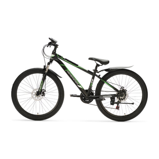 De Generation P-600 Mountainbike 26 Inch – Groen met spatborden biedt stoerheid en veiligheid voor kinderen (10-14 jaar). Met een robuust design, geveerde voorvork, 21 versnellingen en aandacht voor veiligheidsdetails.