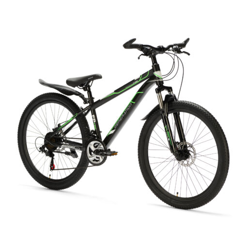 De Generation P-600 Mountainbike 26 Inch – Groen met spatborden biedt stoerheid en veiligheid voor kinderen (10-14 jaar). Met een robuust design, geveerde voorvork, 21 versnellingen en aandacht voor veiligheidsdetails.