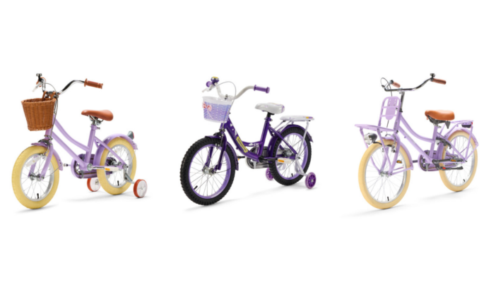 Paarse kinderfiets voor meisjes met een vrolijk en lichtgewicht design.