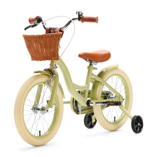 De Generation Blanco 16 Inch Olijfgroen met Mandje is een stevige, stijlvolle kinderfiets voor kinderen van 4-6 jaar. Met een robuust stalen frame, verstelbaar zadel en stuur, en een handig mandje voorop.