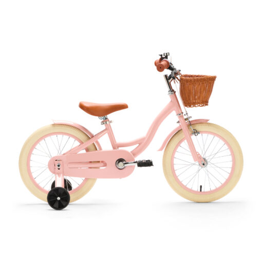 De Generation Blanco 16 Inch Roze met Mandje is een charmante, stijlvolle kinderfiets voor kinderen van 4-6 jaar. Met een stevig stalen frame, verstelbaar zadel en stuur, en een handig mandje voorop.