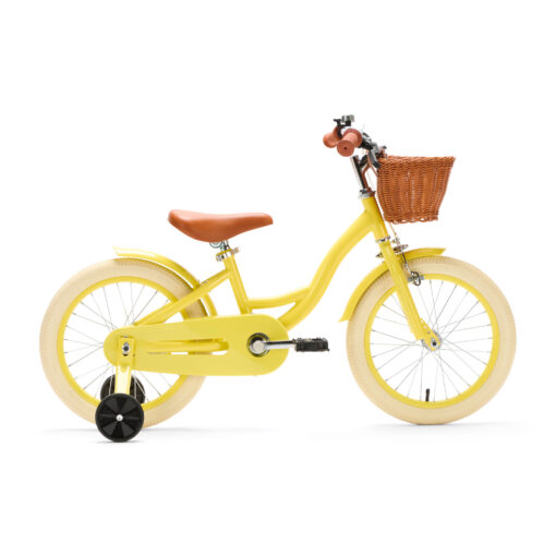 De Generation Blanco 16 Inch Geel met Mandje is een vrolijke, opvallende kinderfiets voor kinderen van 4-6 jaar. Met een stevig stalen frame, verstelbaar zadel en stuur, en een handig mandje voorop.