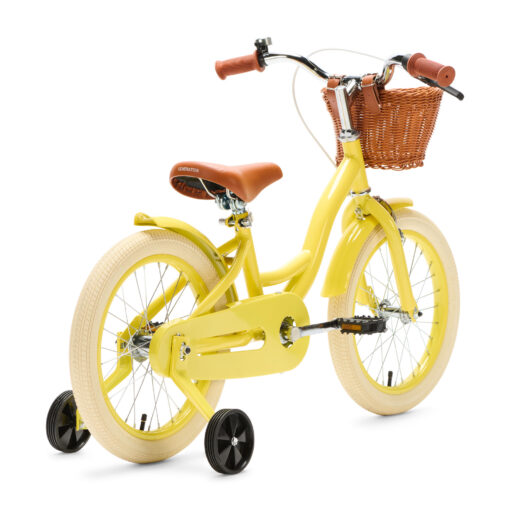 De Generation Blanco 16 Inch Geel met Mandje is een vrolijke, opvallende kinderfiets voor kinderen van 4-6 jaar. Met een stevig stalen frame, verstelbaar zadel en stuur, en een handig mandje voorop.