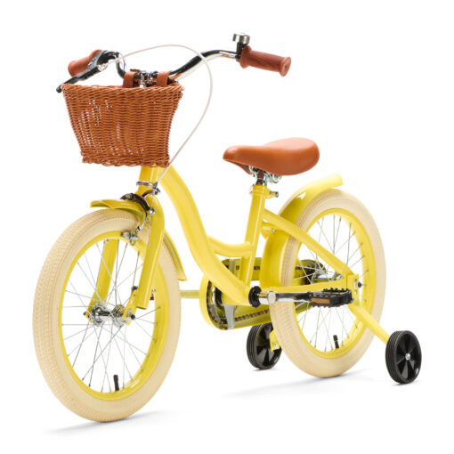 De Generation Blanco 16 Inch Geel met Mandje is een vrolijke, opvallende kinderfiets voor kinderen van 4-6 jaar. Met een stevig stalen frame, verstelbaar zadel en stuur, en een handig mandje voorop.