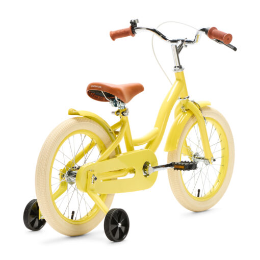 De Generation Blanco 16 Inch Geel is een vrolijke, opvallende kinderfiets voor kinderen van 4-6 jaar. Met een stevig stalen frame, verstelbaar zadel en stuur, en een zonnig ontwerp.