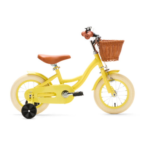 De Generation Blanco 12 Inch Geel met Mandje is een vrolijke kinderfiets voor kinderen van 2-4 jaar. Met een stevig frame, verstelbaar zadel en stuur, en een handig mandje voorop.