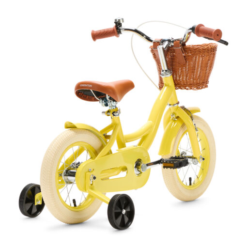 De Generation Blanco 12 Inch Geel met Mandje is een vrolijke kinderfiets voor kinderen van 2-4 jaar. Met een stevig frame, verstelbaar zadel en stuur, en een handig mandje voorop.