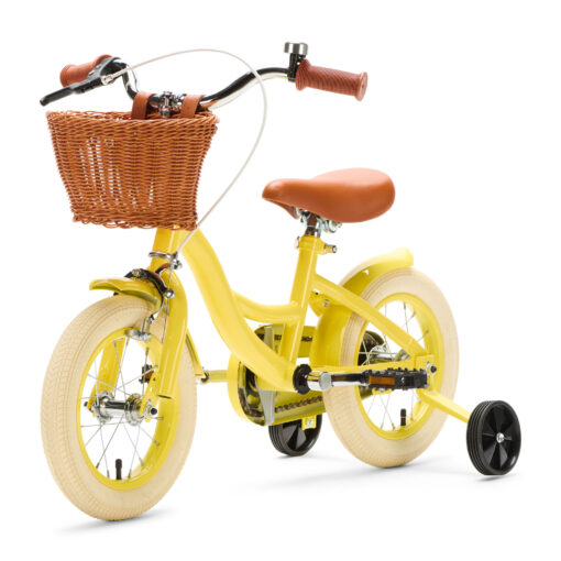 De Generation Blanco 12 Inch Geel met Mandje is een vrolijke kinderfiets voor kinderen van 2-4 jaar. Met een stevig frame, verstelbaar zadel en stuur, en een handig mandje voorop.