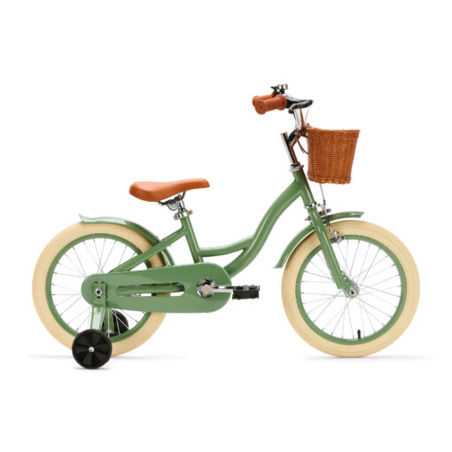 De Generation Blanco 16 Inch Olijfgroen met Mandje is een stevige, stijlvolle kinderfiets voor kinderen van 4-6 jaar. Met een robuust stalen frame, verstelbaar zadel en stuur, en een handig mandje voorop.
