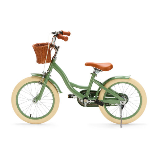 De Generation Blanco 16 Inch Olijfgroen met Mandje is een stevige, stijlvolle kinderfiets voor kinderen van 4-6 jaar. Met een robuust stalen frame, verstelbaar zadel en stuur, en een handig mandje voorop.