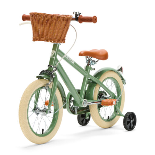 De Generation Retro 14 inch Groen – Kinderfiets met mandje is perfect voor 3-5 jarigen, met stijlvol design, veilige remmen, en comfort. Inclusief zijwieltjes, ideaal voor een veilige en plezierige fietservaring.