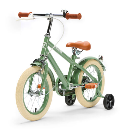 De Generation Retro 14 inch Groen – Kinderfiets is perfect voor 3-5 jarigen, met stijlvol design, veilige remmen, en comfort. Inclusief zijwieltjes, ideaal voor een veilige en plezierige fietservaring.