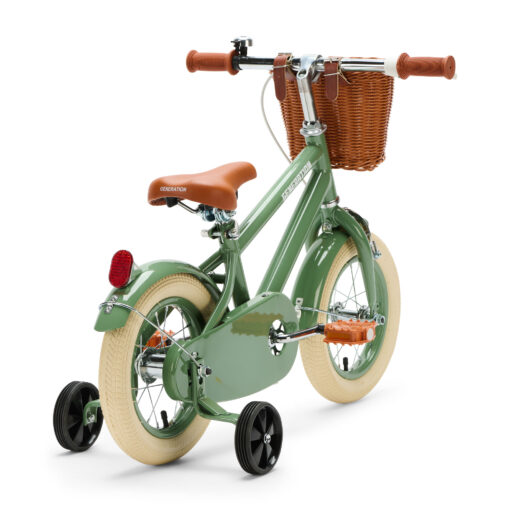 De Generation Retro 12 inch Groen – Kinderfiets met mandje is perfect voor 2-4 jarigen, met stijlvol design, veilige remmen, en comfort. Inclusief zijwieltjes, ideaal voor een veilige en plezierige fietservaring.