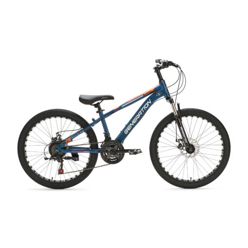 Ontdek de blauwe Generation M-760 Mountainbike 24 inch voor kinderen van 7-10 jaar. Met stoer design, 21 versnellingen en schijfremmen voor optimale veiligheid en plezier!