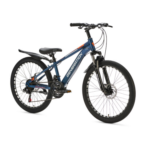 Ontdek de blauwe Generation M-760 Mountainbike 24 inch met spatborden voor kinderen van 7-10 jaar. Met stoer design, 21 versnellingen en schijfremmen voor optimale veiligheid en plezier!