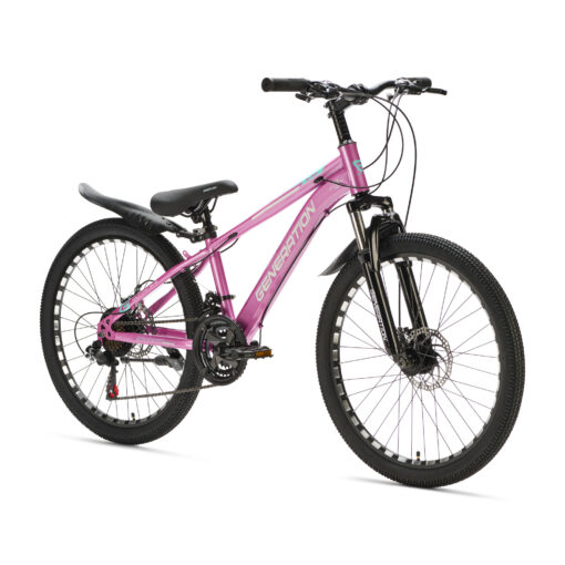 Ontdek de roze Generation M-760 Mountainbike 24 inch met spatborden voor kinderen van 7-10 jaar. Met stoer design, 21 versnellingen en schijfremmen voor optimale veiligheid en plezier!