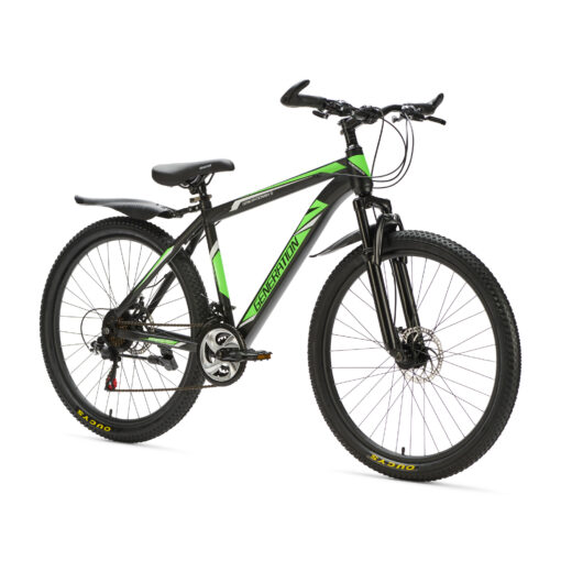 Generation mountainbike 26 inch Groen/Zwart voor jongens van 10 - 14 jaar. Met schijfremmen, geveerde voorvork en 21 versnellingen. Stevig, veilig en stoer.