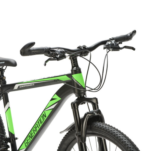 Generation mountainbike 26 inch Groen/Zwart voor jongens van 10 - 14 jaar. Met schijfremmen, geveerde voorvork en 21 versnellingen. Stevig, veilig en stoer.