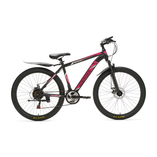 Generation mountainbike 26 inch Roze/Zwart voor jongens van 10 - 14 jaar. Met schijfremmen, geveerde voorvork en 21 versnellingen. Stevig, veilig en stoer.
