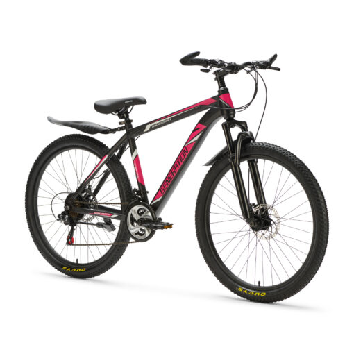 Generation mountainbike 26 inch Roze/Zwart voor jongens van 10 - 14 jaar. Met schijfremmen, geveerde voorvork en 21 versnellingen. Stevig, veilig en stoer.