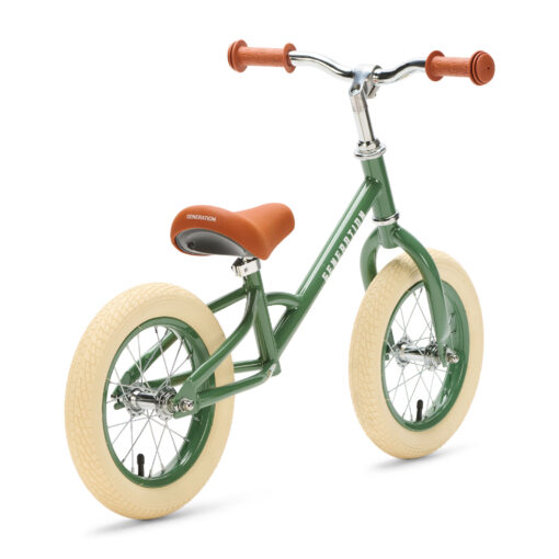 Lichte loopfiets voor peuters van 2–4 jaar. Generation Loopfiets Groen met bruin zadel, witte wielen en verstelbaar zadel. Vandaag besteld = morgen in huis!