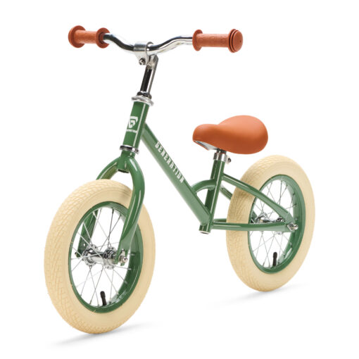 Lichte loopfiets voor peuters van 2–4 jaar. Generation Loopfiets Groen met bruin zadel, witte wielen en verstelbaar zadel. Vandaag besteld = morgen in huis!