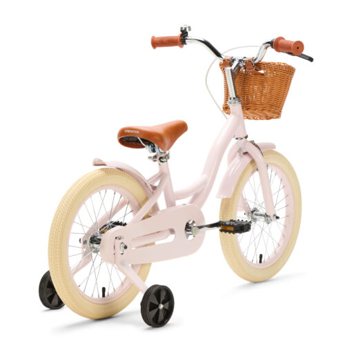 Generation Blanco 16 Inch Lichtroze kinderfiets met Mandje voor 4–6 jaar. Inclusief zijwieltjes, luxe bruine details en veilig ontwerp. Nu snel in huis!