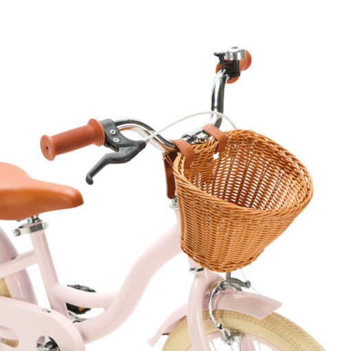 Generation Blanco 16 Inch Lichtroze kinderfiets met Mandje voor 4–6 jaar. Inclusief zijwieltjes, luxe bruine details en veilig ontwerp. Nu snel in huis!