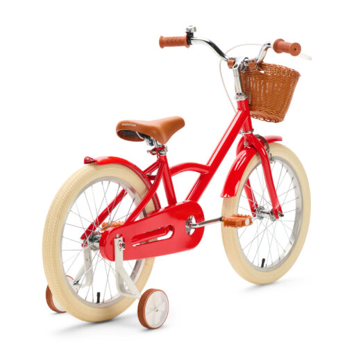 De Generation Classic 18 Inch Rood met mandje is een stoere kinderfiets voor kinderen van 5 tot 8 jaar. Met zijwieltjes, een stevig stalen frame, rotan mandje en bruine accenten is deze fiets zowel praktisch als stijlvol. Voorzien van een achteruittraprem én handrem, reflectoren en een gesloten kettingkast voor veilig en comfortabel fietsen.