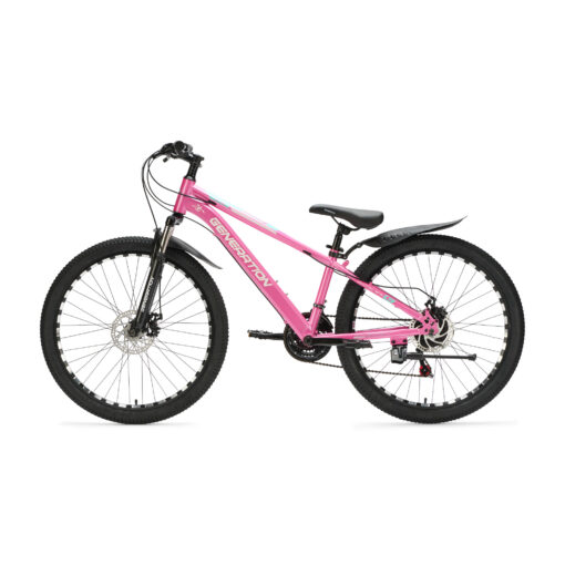 De Generation M-760 Mountainbike 26 inch – Roze met spatborden is een stoere en robuuste fiets voor jonge avonturiers vanaf 9 jaar. Met 21 versnellingen, schijfremmen en een geveerde voorvork is deze mountainbike perfect voor ritten op zowel de weg als ruig terrein. Het sterke stalen frame en het sportieve blauwe design zorgen voor veiligheid, comfort en een coole uitstraling.