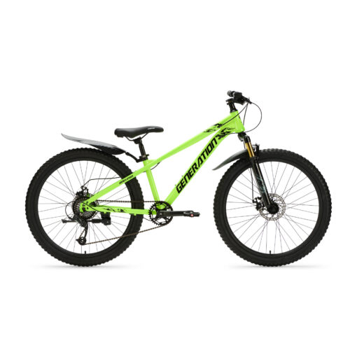 De Generation X8 Mountainbike 26 inch - Neon Geel met spatborden is een stoere en praktische fiets voor kinderen van 10 tot 14 jaar. Met 8 versnellingen, schijfremmen en verstelbaar zadel is hij geschikt voor straat- en recreatieve off-road ritten, terwijl de spatborden kleding droog en schoon houden.