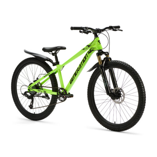De Generation X8 Mountainbike 26 inch - Neon Geel met spatborden is een stoere en praktische fiets voor kinderen van 10 tot 14 jaar. Met 8 versnellingen, schijfremmen en verstelbaar zadel is hij geschikt voor straat- en recreatieve off-road ritten, terwijl de spatborden kleding droog en schoon houden.