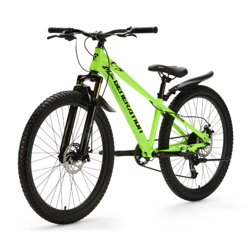 De Generation X8 Mountainbike 26 inch - Neon Geel met spatborden is een stoere en praktische fiets voor kinderen van 10 tot 14 jaar. Met 8 versnellingen, schijfremmen en verstelbaar zadel is hij geschikt voor straat- en recreatieve off-road ritten, terwijl de spatborden kleding droog en schoon houden.