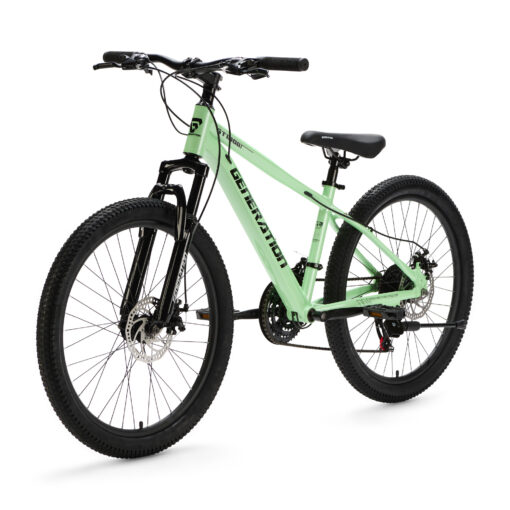De Generation GT100 24 inch Mintgroen is een lichte en sportieve mountainbike kinderfiets met 21 versnellingen en krachtige schijfremmen, perfect voor actieve kinderen die graag langere en uitdagende ritten maken.