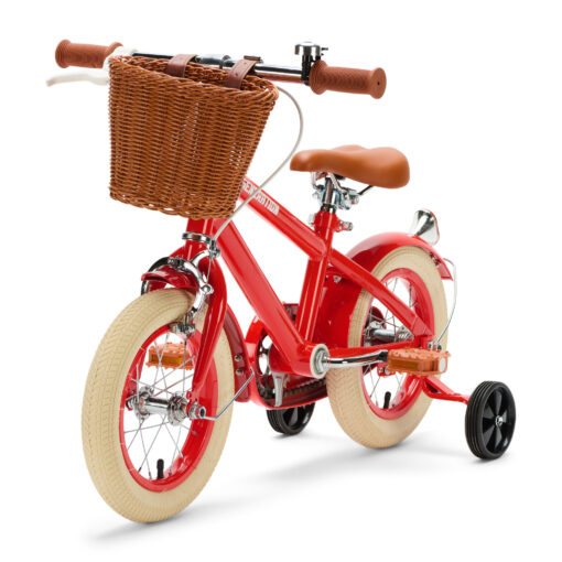 Stoere rode retro kinderfiets van 12 inch met mandje, zijwieltjes, handrem en terugtraprem. Ideaal voor kinderen van 2 tot 4 jaar die veilig willen leren fietsen in stijl.