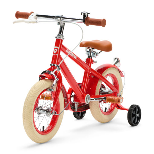 Stoere rode retro kinderfiets van 12 inch met zijwieltjes, handrem en terugtraprem. Ideaal voor kinderen van 2 tot 4 jaar die veilig willen leren fietsen in stijl.