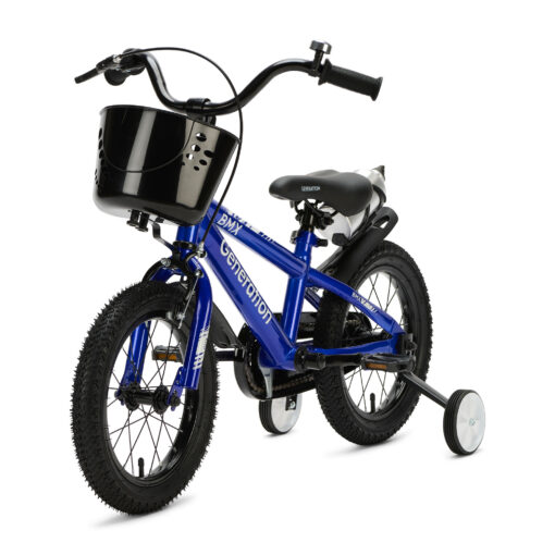 De Generation BMX 14 inch Blauw is een stoere kinderfiets voor kinderen van ongeveer 3 tot 5 jaar. Met een framemaat van 22,5 cm en een minimale zadelhoogte van 47 cm. Voorzien van zijwieltjes, terugtraprem, mandje, drinkbeker, fietsbel en spatborden. De brede zwarte banden en blauwe BMX-uitstraling maken de sportieve look compleet.