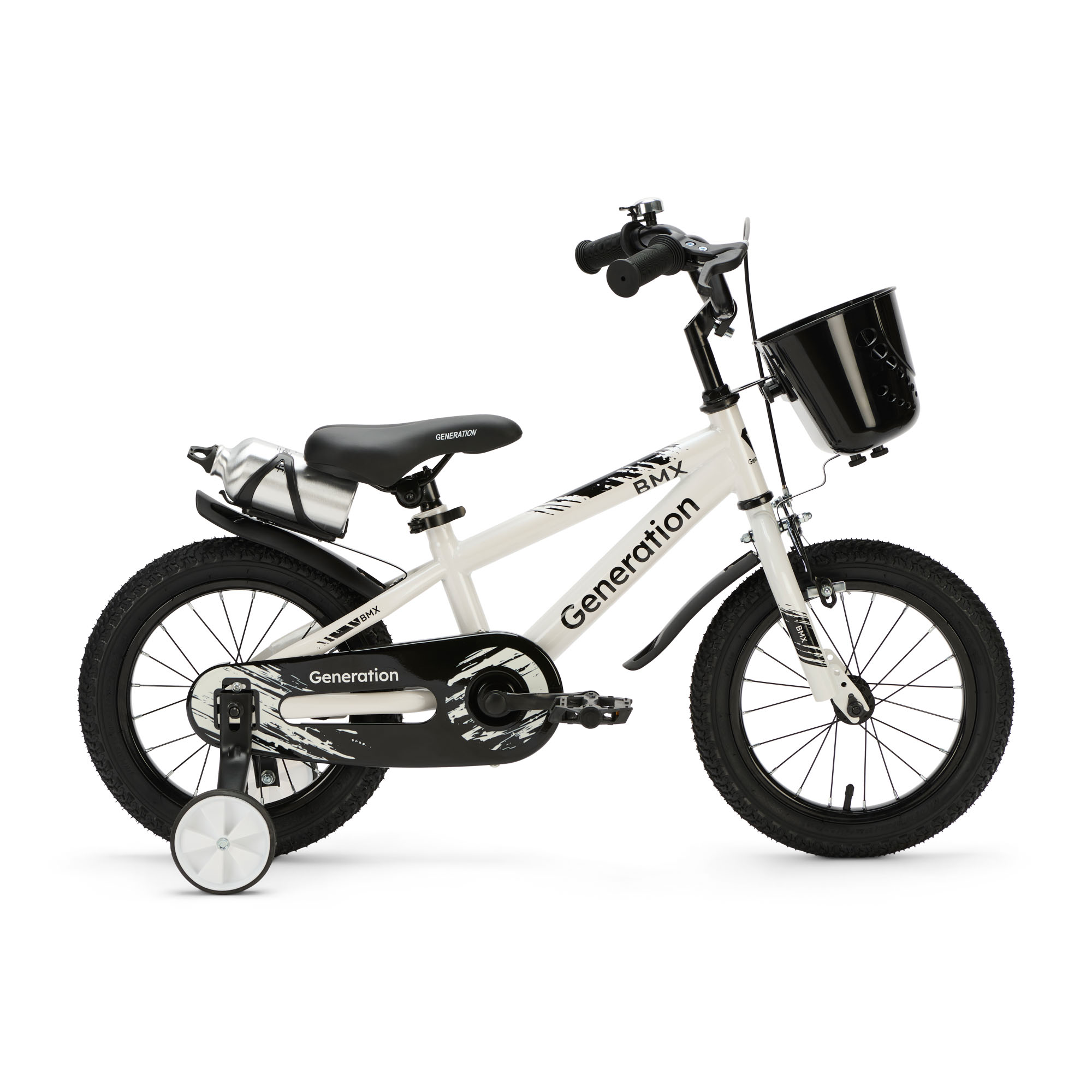 Generation BMX 14 inch Wit – Kinderfiets De Generation BMX 14 inch Wit is een stoere kinderfiets voor kinderen van ongeveer 3 tot 5 jaar. De fiets heeft een minimale zadelhoogte van 47 cm en een framemaat van 22,5 cm. Compleet met zijwieltjes, terugtraprem, mandje, drinkbeker, fietsbel en spatborden.