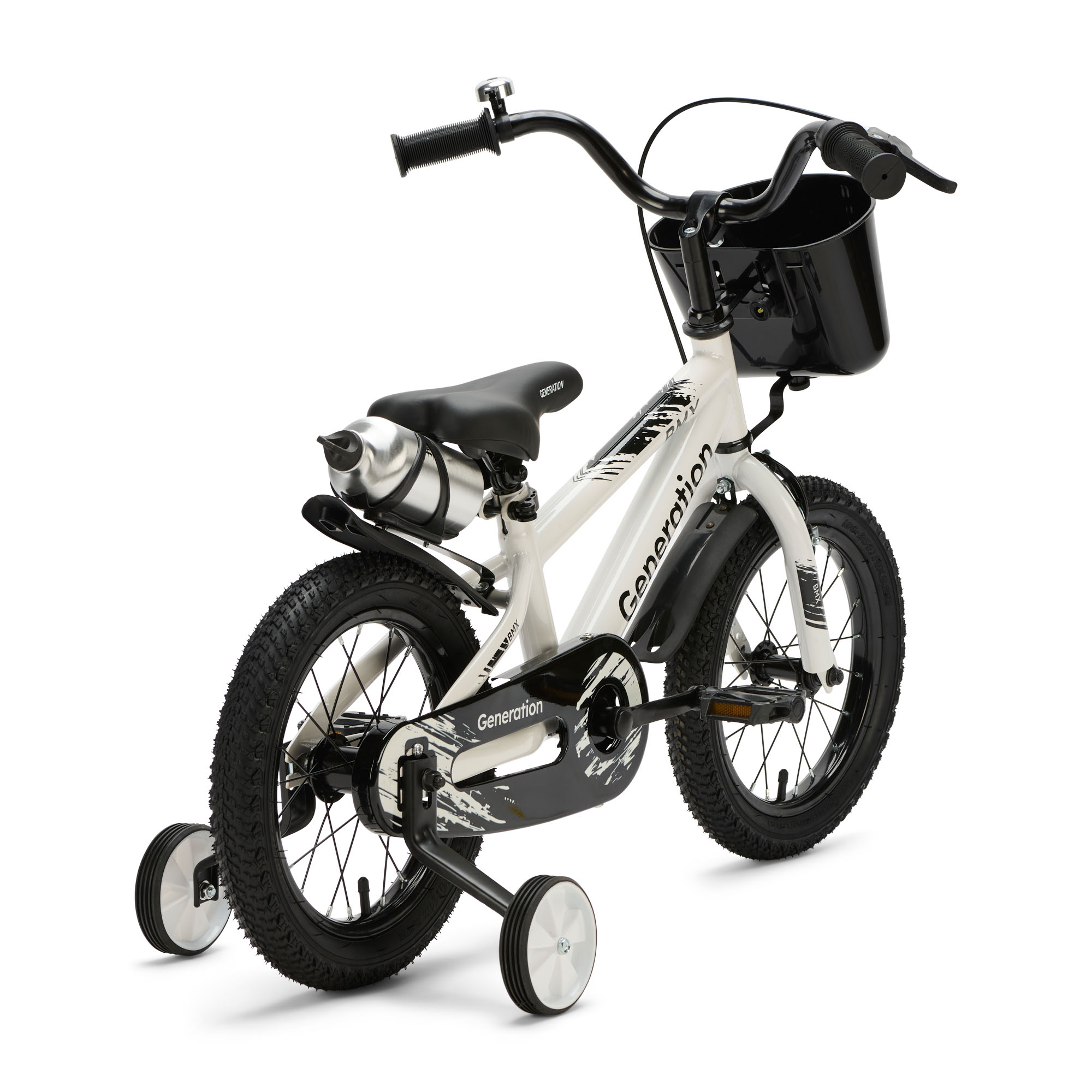 Generation BMX 14 inch Wit – Kinderfiets De Generation BMX 14 inch Wit is een stoere kinderfiets voor kinderen van ongeveer 3 tot 5 jaar. De fiets heeft een minimale zadelhoogte van 47 cm en een framemaat van 22,5 cm. Compleet met zijwieltjes, terugtraprem, mandje, drinkbeker, fietsbel en spatborden.
