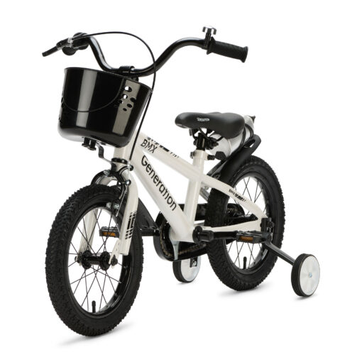 De Generation BMX 14 inch Wit is een stoere kinderfiets voor kinderen van ongeveer 3 tot 5 jaar. De fiets heeft een minimale zadelhoogte van 47 cm en een framemaat van 22,5 cm. Compleet met zijwieltjes, terugtraprem, mandje, drinkbeker, fietsbel en spatborden.