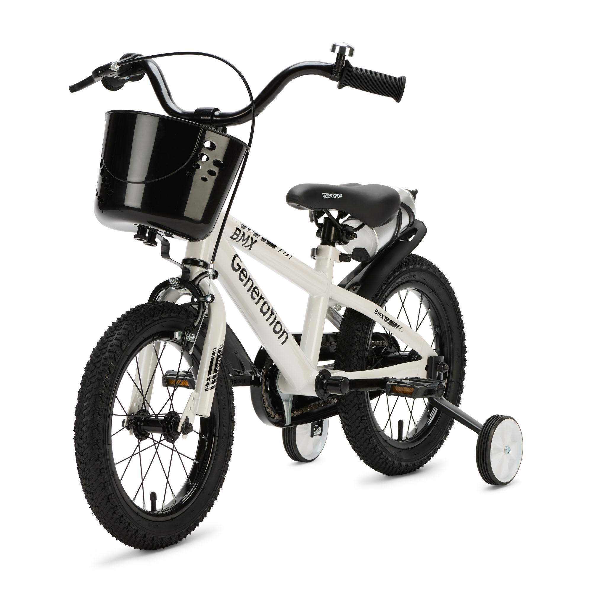 Generation BMX 14 inch Wit – Kinderfiets De Generation BMX 14 inch Wit is een stoere kinderfiets voor kinderen van ongeveer 3 tot 5 jaar. De fiets heeft een minimale zadelhoogte van 47 cm en een framemaat van 22,5 cm. Compleet met zijwieltjes, terugtraprem, mandje, drinkbeker, fietsbel en spatborden.