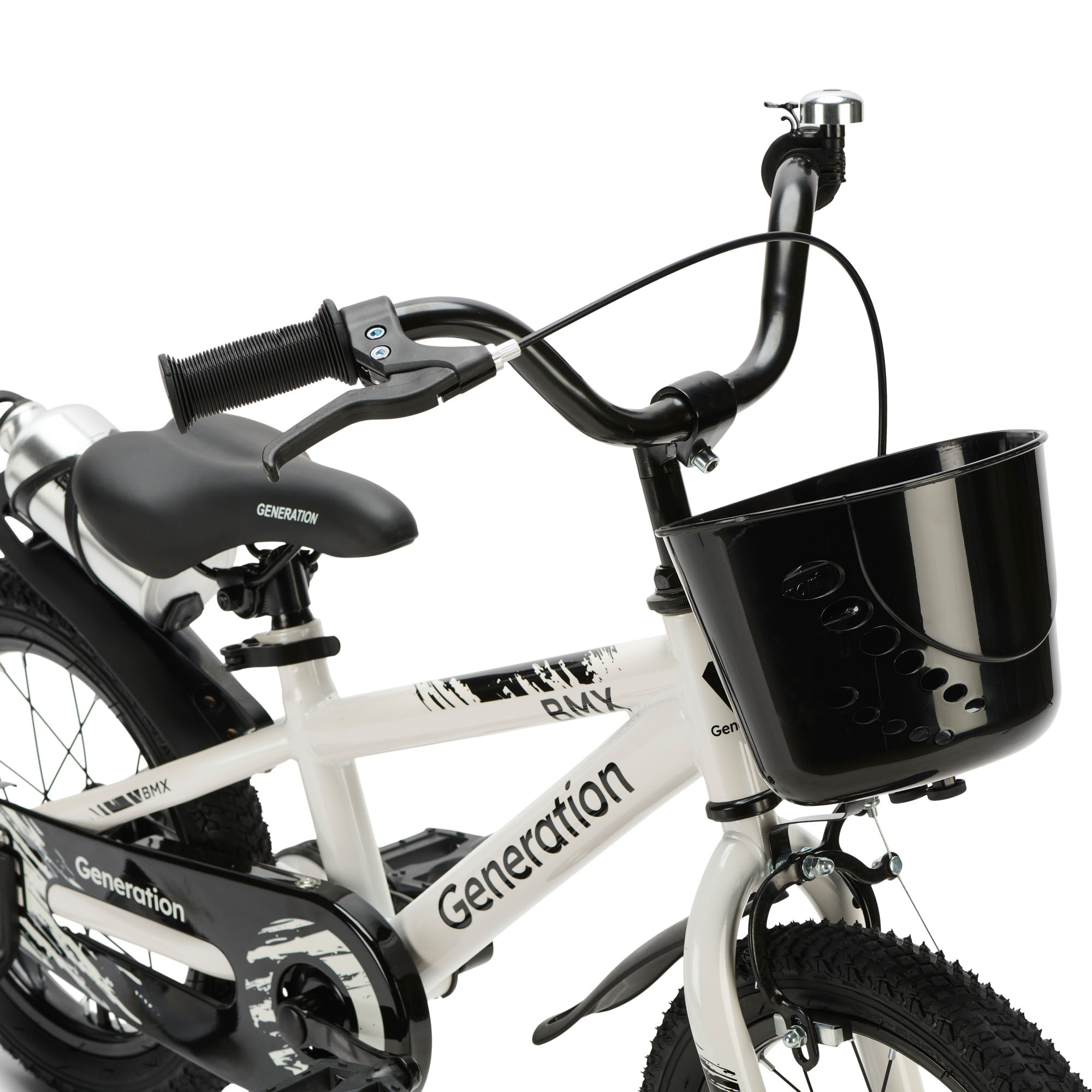 Generation BMX 14 inch Wit – Kinderfiets De Generation BMX 14 inch Wit is een stoere kinderfiets voor kinderen van ongeveer 3 tot 5 jaar. De fiets heeft een minimale zadelhoogte van 47 cm en een framemaat van 22,5 cm. Compleet met zijwieltjes, terugtraprem, mandje, drinkbeker, fietsbel en spatborden.