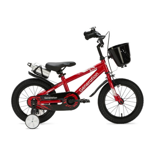 De Generation BMX 14 inch Rood is een stoere kinderfiets voor kinderen van ongeveer 3 tot 5 jaar. De fiets heeft een minimale zadelhoogte van 47 cm en een framemaat van 22,5 cm. Compleet met zijwieltjes, terugtraprem, mandje, drinkbeker, fietsbel en spatborden.