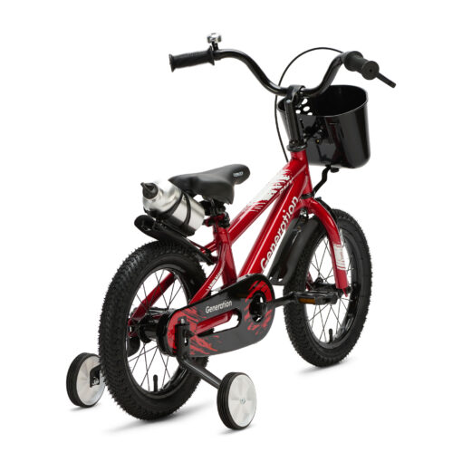 De Generation BMX 14 inch Rood is een stoere kinderfiets voor kinderen van ongeveer 3 tot 5 jaar. De fiets heeft een minimale zadelhoogte van 47 cm en een framemaat van 22,5 cm. Compleet met zijwieltjes, terugtraprem, mandje, drinkbeker, fietsbel en spatborden.