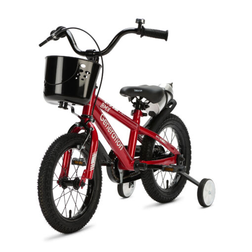 De Generation BMX 14 inch Rood is een stoere kinderfiets voor kinderen van ongeveer 3 tot 5 jaar. De fiets heeft een minimale zadelhoogte van 47 cm en een framemaat van 22,5 cm. Compleet met zijwieltjes, terugtraprem, mandje, drinkbeker, fietsbel en spatborden.