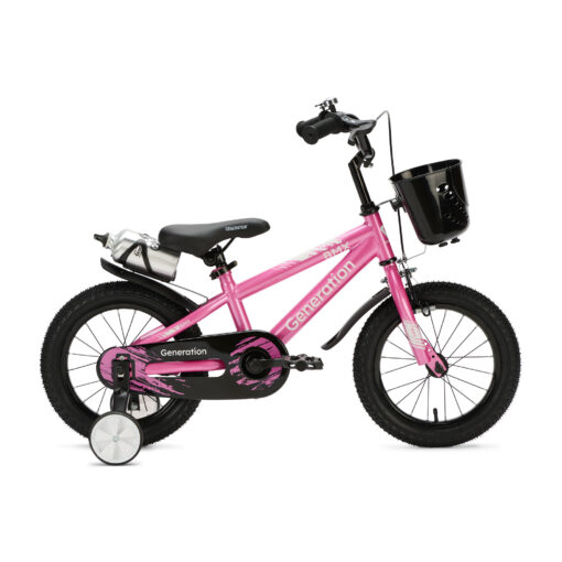 De Generation BMX 14 inch Roze is een stoere kinderfiets voor kinderen van ongeveer 3 tot 5 jaar. De fiets heeft een minimale zadelhoogte van 47 cm en een framemaat van 22,5 cm. Compleet met zijwieltjes, terugtraprem, mandje, drinkbeker, fietsbel en spatborden.