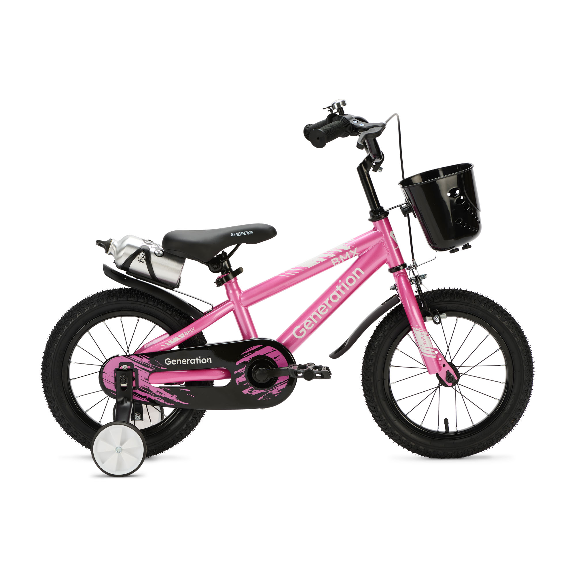 Generation BMX 14 inch Roze – Kinderfiets De Generation BMX 14 inch Roze is een stoere kinderfiets voor kinderen van ongeveer 3 tot 5 jaar. De fiets heeft een minimale zadelhoogte van 47 cm en een framemaat van 22,5 cm. Compleet met zijwieltjes, terugtraprem, mandje, drinkbeker, fietsbel en spatborden.