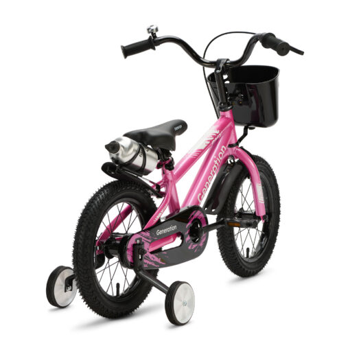 De Generation BMX 14 inch Roze is een stoere kinderfiets voor kinderen van ongeveer 3 tot 5 jaar. De fiets heeft een minimale zadelhoogte van 47 cm en een framemaat van 22,5 cm. Compleet met zijwieltjes, terugtraprem, mandje, drinkbeker, fietsbel en spatborden.