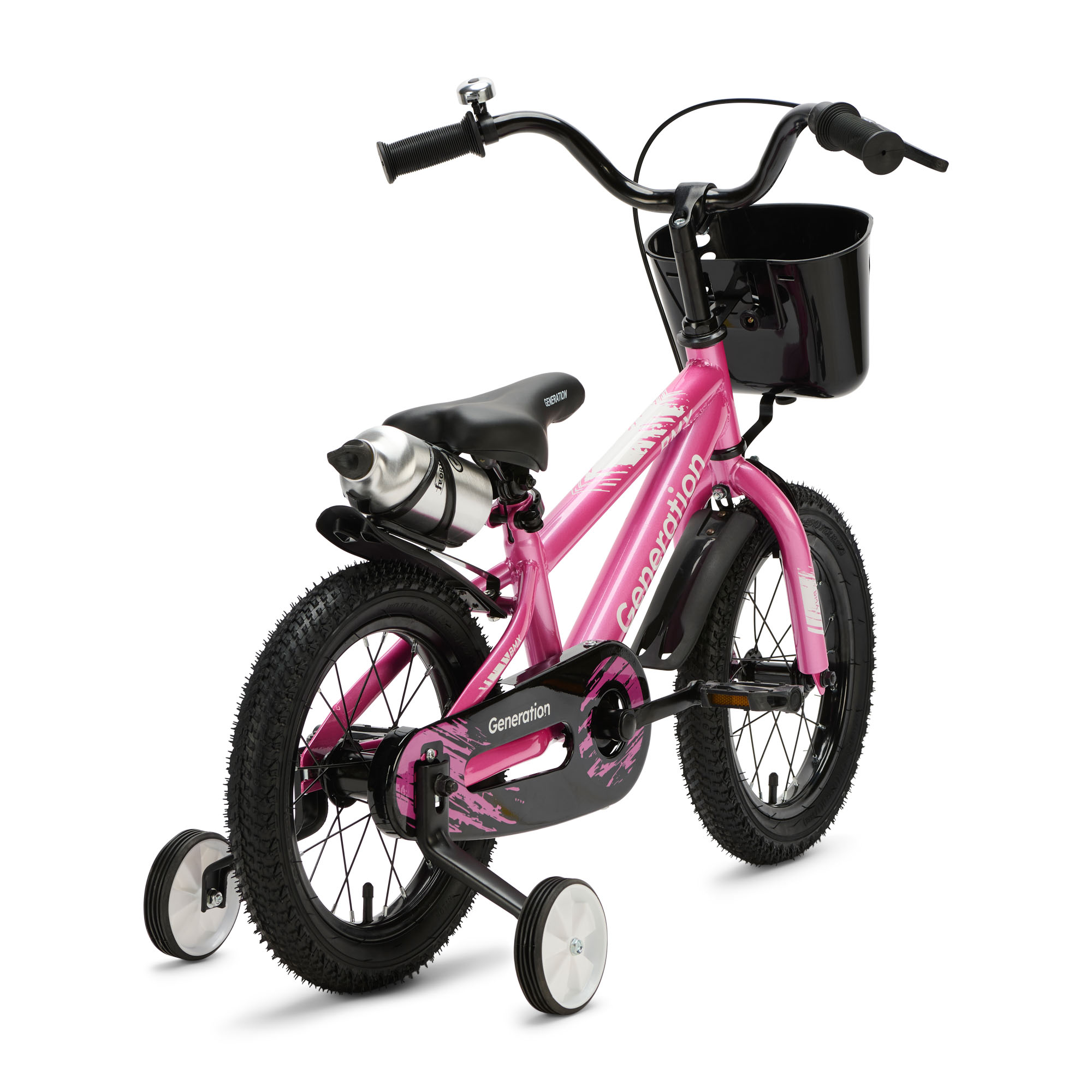 Generation BMX 14 inch Roze – Kinderfiets De Generation BMX 14 inch Roze is een stoere kinderfiets voor kinderen van ongeveer 3 tot 5 jaar. De fiets heeft een minimale zadelhoogte van 47 cm en een framemaat van 22,5 cm. Compleet met zijwieltjes, terugtraprem, mandje, drinkbeker, fietsbel en spatborden.